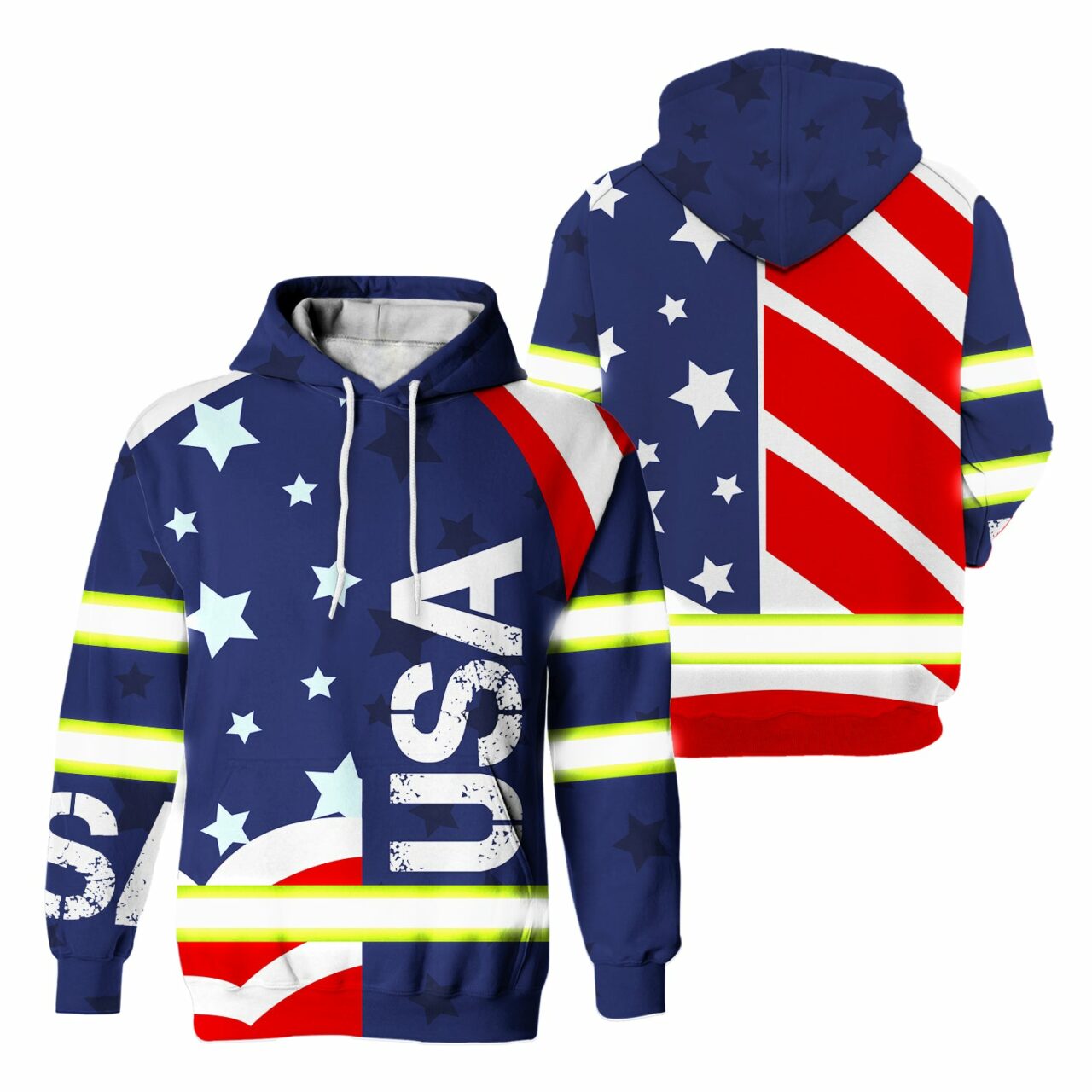 Front view of blue and red usa flag safety hoodie with white stars, vertical USA text, and reflective stripes.