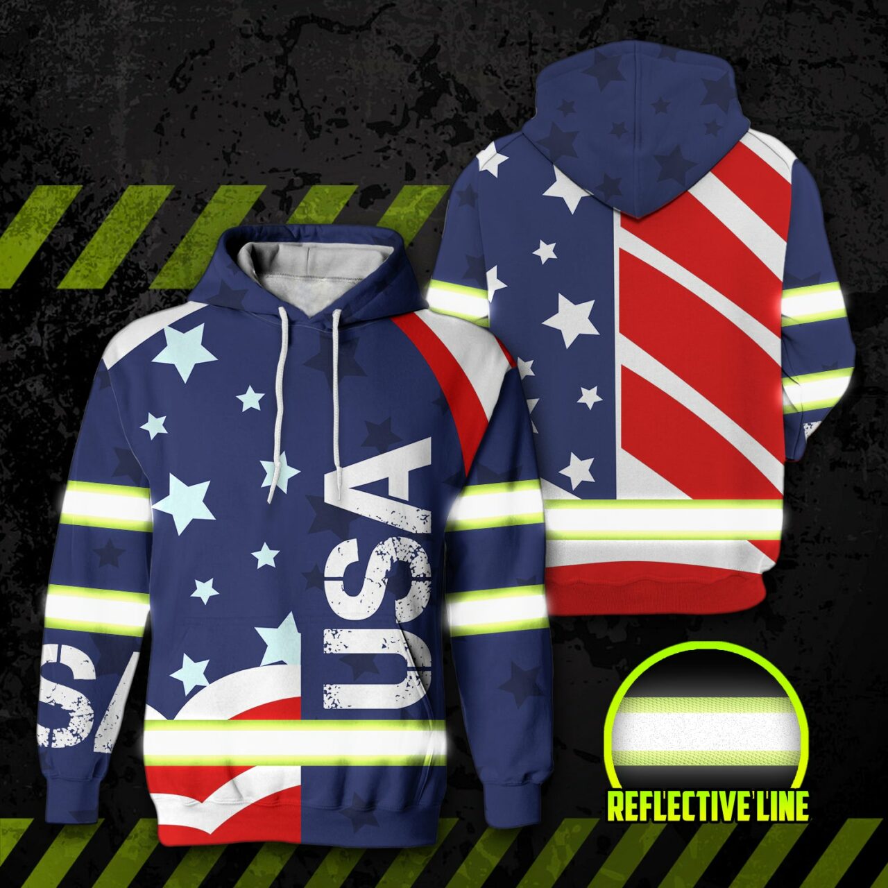 Vertical USA Flag Safety Hoodie with Neon Reflective Stripes Back angle of the usa flag safety hoodie featuring red and white stripes, blue star hood, and yellow reflective bands.