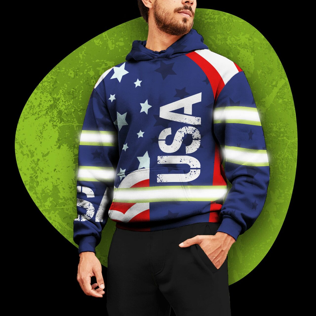 Vertical USA Flag Safety Hoodie with Neon Reflective Stripes Dual view of blue usa flag safety hoodie showing distressed white USA text, red stripes, and bright reflective safety bands.