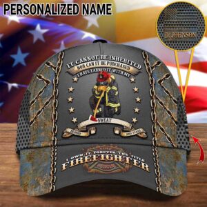 Front view of a firefighter cap featuring a firefighter graphic and text, perfect for honoring heroes.