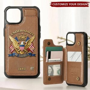Personalized wallet phone case in brown with 250th Anniversary design, viewed from the front.