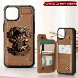 Front view of the patriotic wallet phone case showcasing a vibrant design and embossed details.