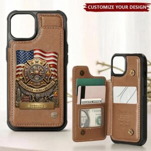 Personalized firefighter wallet phone case in brown with emblem and flag design, viewed from the front.