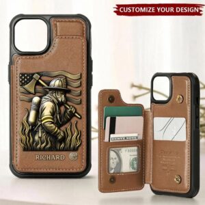 Personalized firefighter wallet case in brown with firefighter design, showcasing the front view and custom name.