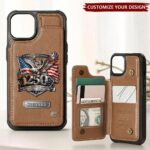 Front view of the patriot wallet phone case featuring a brown leather finish and an eagle design.