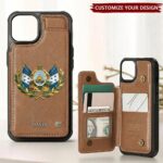 Personalized Honduras wallet case in brown with detailed coat of arms design on the front.