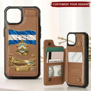 Personalized Honduras wallet phone case in brown with coat of arms and flag design, front view showing details.