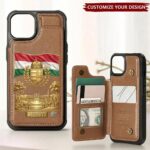 Custom Hungary wallet case in brown with embossed coat of arms and flag, front view.