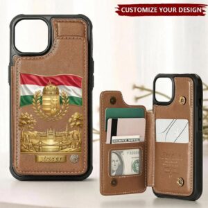 Custom Hungary wallet case in brown with embossed coat of arms and flag, front view.