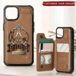 Personalized masonic wallet phone case in brown with lodge symbols and custom name displayed on the front.