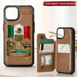 Personalized Mexican heritage wallet case in brown with Aztec design and flag on the front.