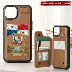 Personalized Panama wallet phone case in brown with coat of arms and flag design, showing front view.