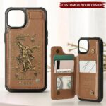Front view of the personalized paratrooper wallet case in brown with St. Michael design.
