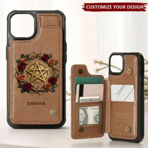 Front view of the personalized pentagram rose wallet phone case featuring a stunning rose design.