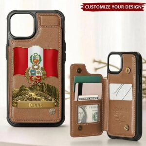 Personalized Peru coat of arms wallet phone case in brown, showcasing the flag design from the front view.