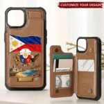 Personalized Philippines wallet phone case in brown with coat of arms and flag design, front view.