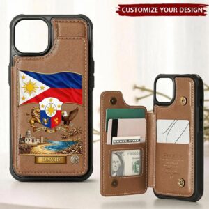 Personalized Philippines wallet phone case in brown with coat of arms and flag design, front view.