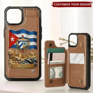 Personalized Cuban pride wallet case in brown, featuring the Cuban flag and coastline design, front view.