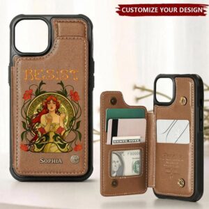 Personalized resist wallet phone case in brown with intricate Art Nouveau design, front view.
