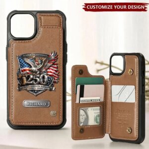 Front view of the patriot wallet phone case featuring a brown leather finish and an eagle design.