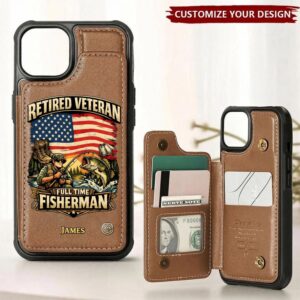 Front view of the retired veteran wallet case featuring an American flag design.