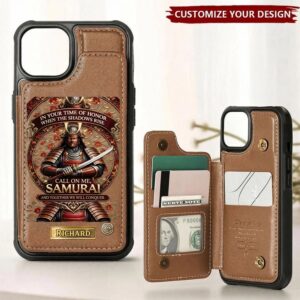 Personalized samurai wallet case in brown, showcasing a detailed samurai graphic on the front.