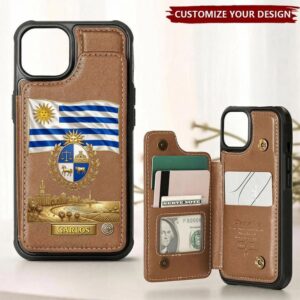 Personalized Uruguay coat of arms wallet phone case in brown, showcasing the flag and custom name design.