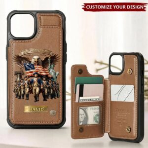 Front view of a personalized patriotic wallet phone case featuring iconic American symbols.