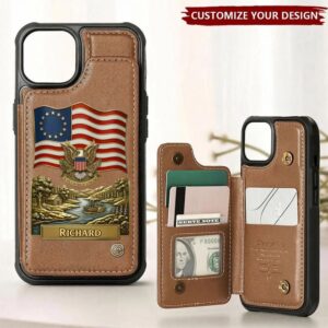 Personalized USA heritage wallet phone case in brown with flag design, showcasing the front view.