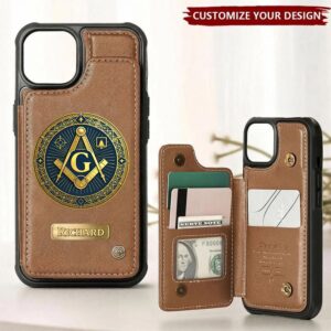 Brown Masonic wallet phone case featuring the Square & Compass design, viewed from the front.