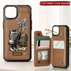 Personalized veteran spirit wallet case in brown with military graphics, showcasing front design and name customization.