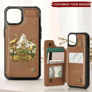 Front view of custom alpine wallet case showcasing brown leather and mountain design.
