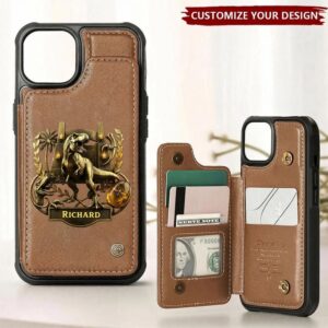 Personalized dinosaur wallet phone case in brown with T-Rex design, shown from the front.