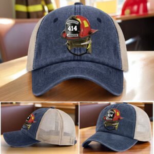 Front view of firefighter cap with a navy blue body and mesh back, featuring a personalized design.