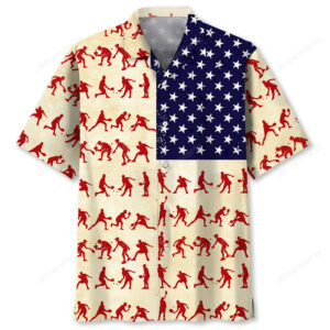 Front view of the patriotic baseball shirt featuring red silhouettes and blue star design.