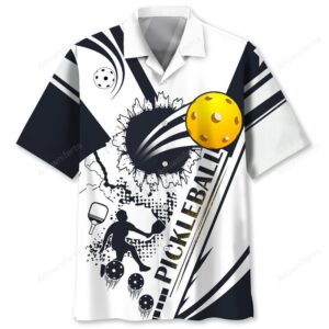 Front view of a white and black pickleball shirt featuring dynamic graphics and a playful design.