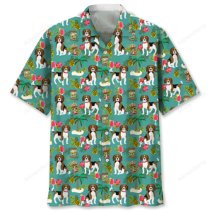 Front view of a vibrant beagle Hawaiian shirt featuring playful beagle designs and tropical motifs.