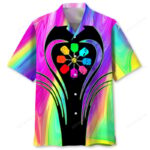 Front view of a psychedelic rainbow shirt featuring vibrant colors and a unique flower design.