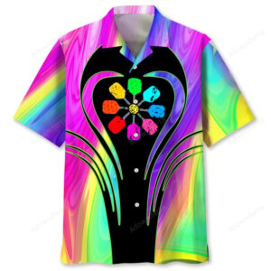 Front view of a psychedelic rainbow shirt featuring vibrant colors and a unique flower design.