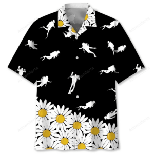 Front view of a black scuba diving shirt with white silhouettes and daisy flowers, ideal for summer adventures.
