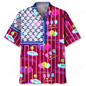Front view of a vibrant pickleball neon shirt featuring colorful graphics and a floral pattern.