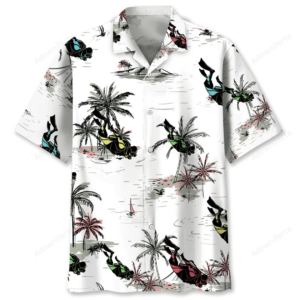 Front view of a vibrant scuba diving shirt featuring colorful diving designs and palm trees on a white background.