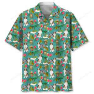 Front view of an Australian Shepherd Hawaiian shirt featuring vibrant tropical patterns and a teal background.
