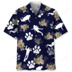 Front view of the scuba diving dog shirt featuring a navy background with white diver and paw prints.
