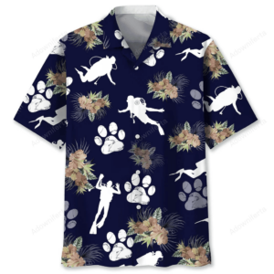 Front view of the scuba diving dog shirt featuring a navy background with white diver and paw prints.