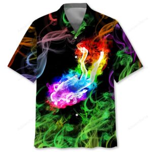 Front view of a colorful Hawaiian shirt featuring vibrant smoke designs against a black background.