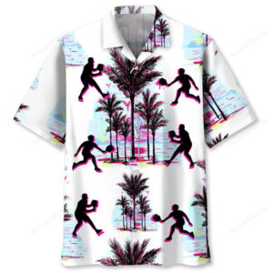 Front view of a white Hawaiian shirt featuring vibrant pickleball graphics and palm trees, perfect for summer fun.