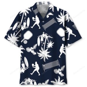 Front view of a white Hawaiian shirt featuring a pickleball shirt design with palm trees and sports motifs.