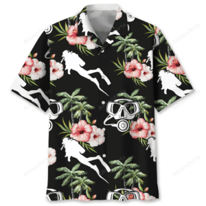 Front view of a black scuba diving shirt featuring vibrant pink flowers and white diving silhouettes.