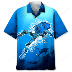 Vibrant blue scuba diving shirt featuring coral and diver graphics, front view showcasing bold design elements.